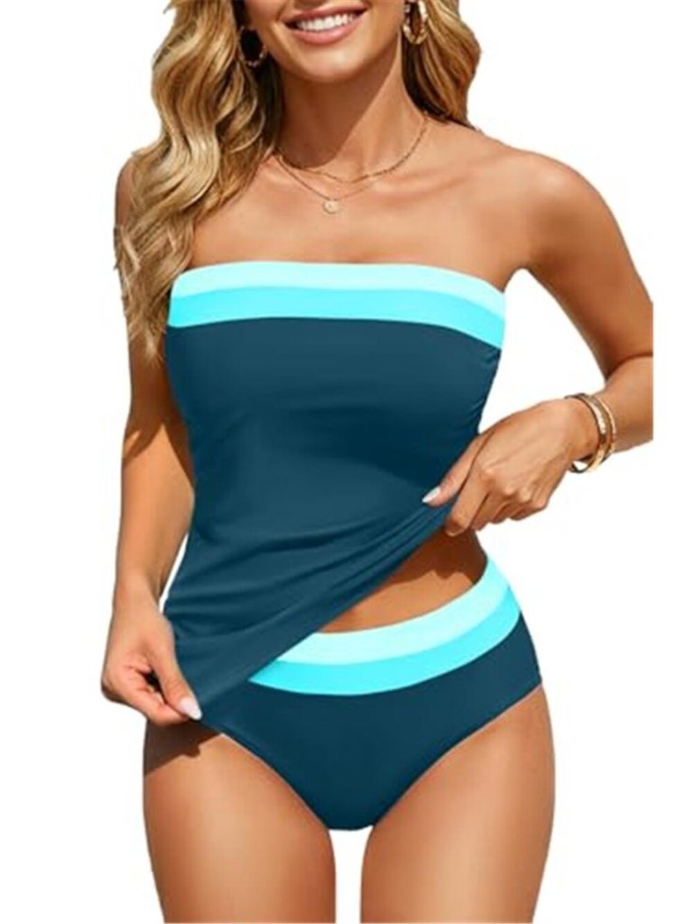 Bandeau Tankini Swimsuit Tummy Control Strapless Two Piece Swimwear